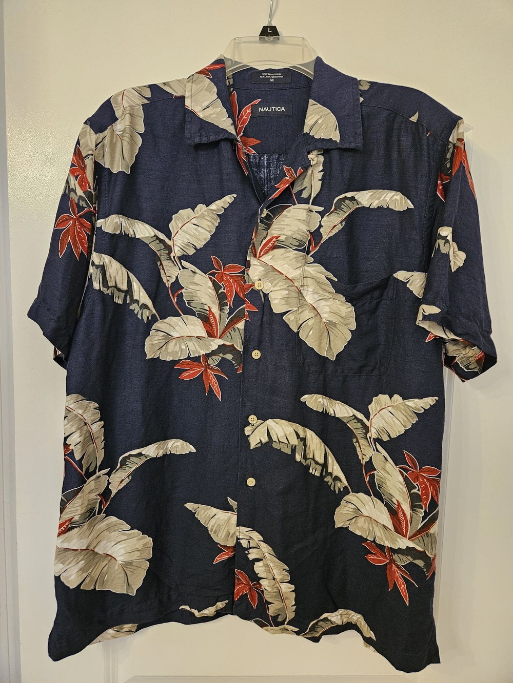 Nautica Navy Blue Tropical Leaf Print Short-Sleeve Button-Down
